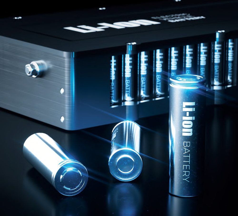 Lithium-ion battery packs stored on shelving inside a fire-rated PRIORIT cabinet