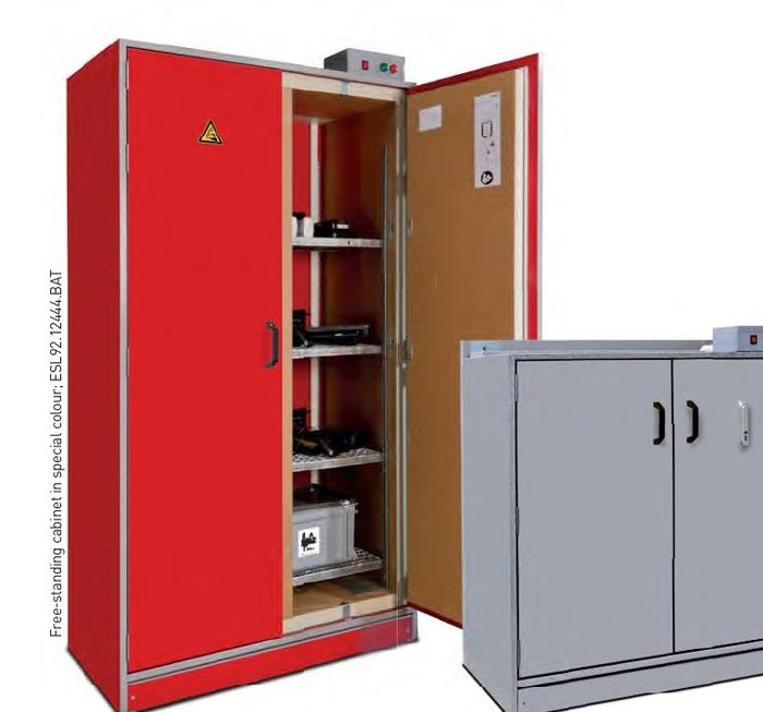 PRIOCAB-Li EI90 fire-resistant lithium battery storage cabinet with shelves