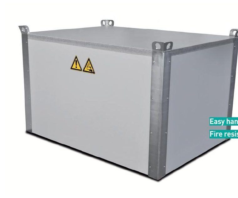 PRIOCOVER mobile pop-over fire enclosure placed over a pallet of batteries