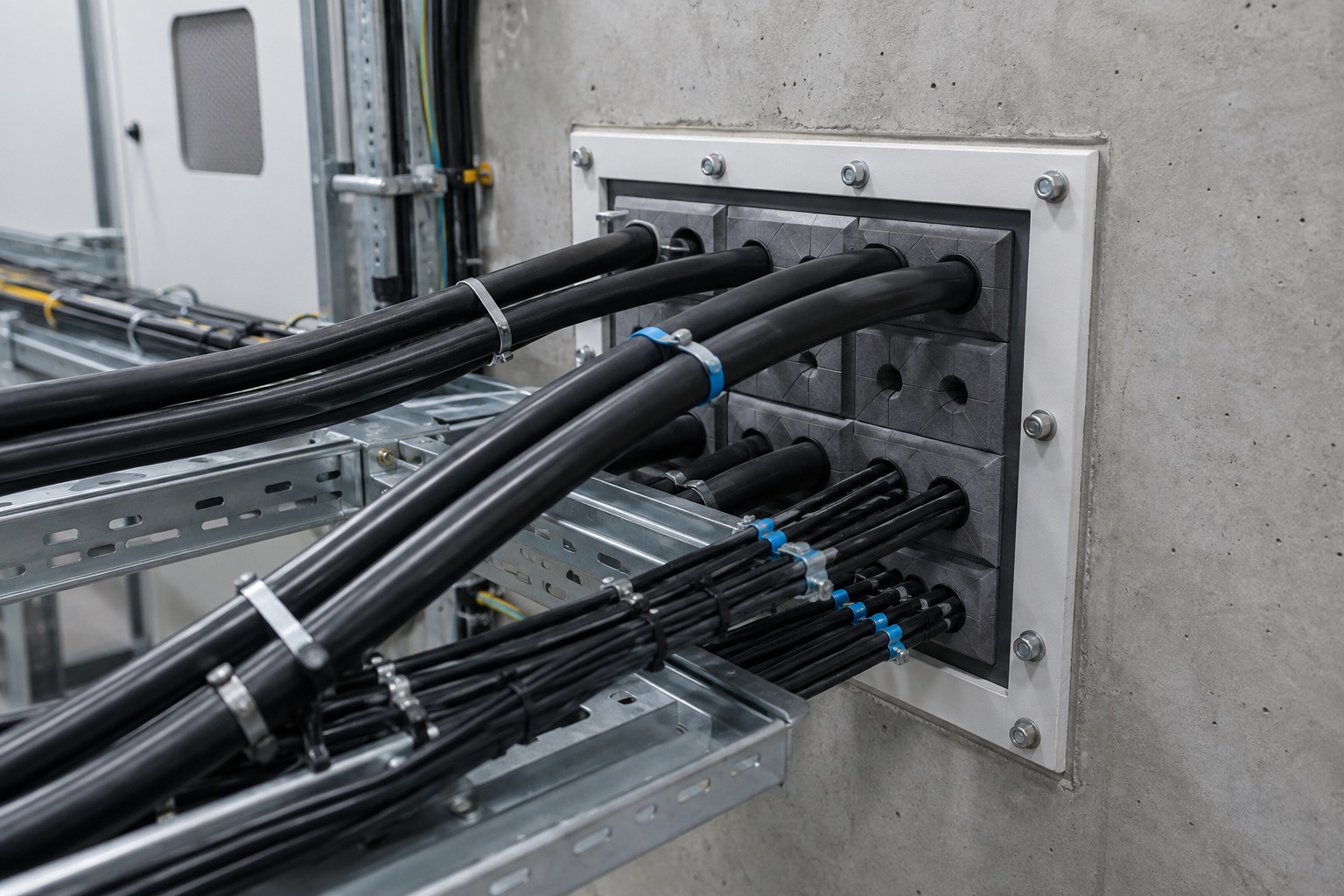 Fire-rated modular cable transit sealed through a concrete wall
